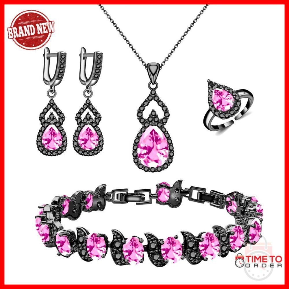 Platinum Plated Jewelry Set with Adjustable Ring Necklace Bracelet Earrings